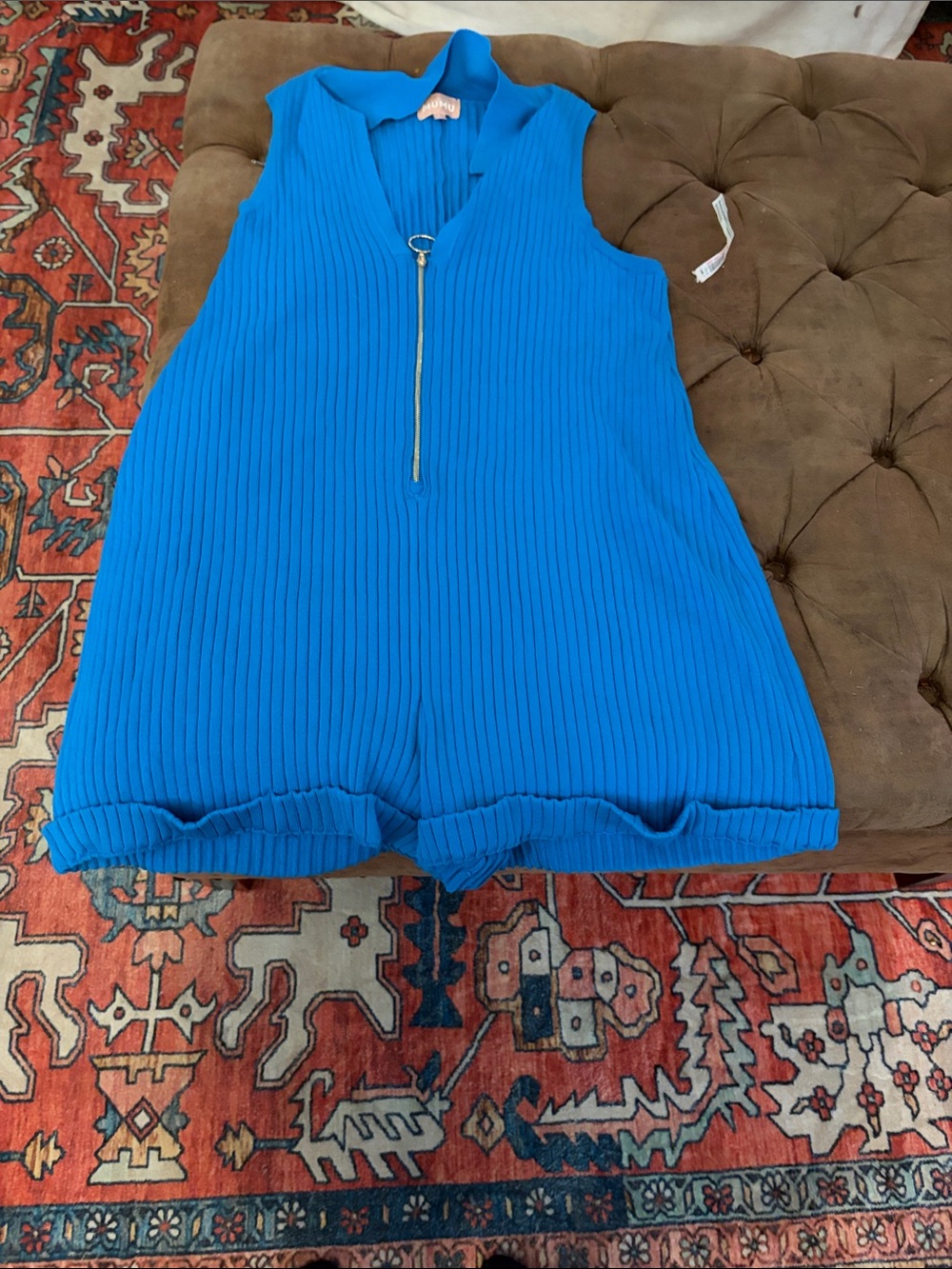Show Me Your MuMu Electric Blue Ribbed Sleeveless Bodysuit Romper with Front Zip